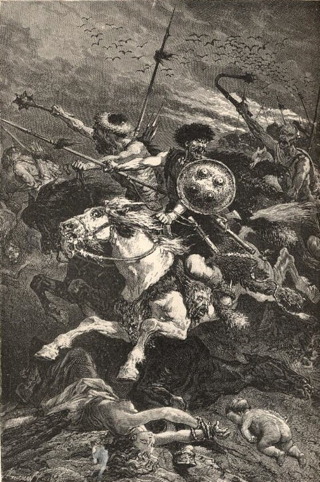 “Gli Unni alla battaglia di Chalons" dalla pagina 135 di A Popular History of France From The Earliest Times Volume I of VI. Illustrazione di A. De Neuville (1836-1885)