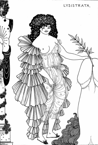 Lisistrata (disegno di Aubrey Beardsley) Lisistrata, commedia di Aristofane. In essa le donne di tutta la Grecia complottano e chiudono le gambe agli uomini negando loro il sesso se questi continuano a fare la guerra; è nota la scena in cui i soldati tornano con i falli eretti e con le membra nelle carriole, chiedendo a gran voce l'amore delle loro mogli.