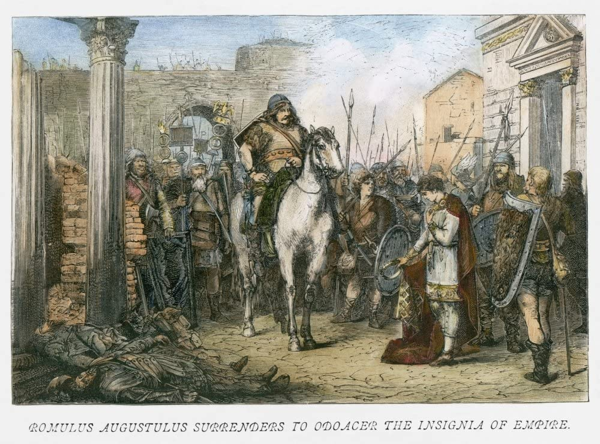 L'ultimo imperatore romano d'Occidente deposto da Odoacre nel 476 Incisione dell'Ottocento