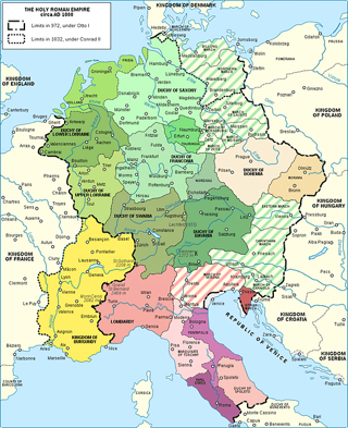 Mappa del Sacro Romano Impero raffigurante i suoi confini sotto il dominio di Ottone I nel 972 d.C. e Corrado II nel 1032 d.C.