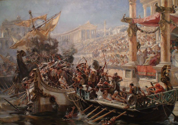 La naumachia, lett. "battaglia navale", che l'Imperatore Augusto approntò davanti ad un'immensa folla accorsa da tutta Roma (dipinto di Ulpiano Checa, 1894)