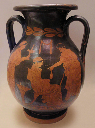 Cortigiana e il suo cliente, Pelike attico a figure rosse di Poligno, 430 a.C. circa, Museo Archeologico Nazionale di Atene.