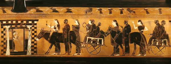 Datata al 550-530 a.C., questa lekythos greca attica raffigura un corteo nuziale. Attribuita al pittore Amasis. Ora è conservata al Metropolitan Museum of Art