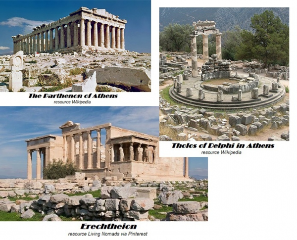 da sinistra in senso orario: Il Partenone, Il Tholos di Delfi, l'Eretteo 