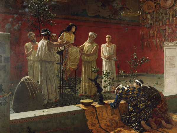 L'Oracolo, olio su tela di Camillo Miola, 1880. Raffigura l'oracolo delfico (la Pizia) seduto su un tripode circondato da sacerdoti o officianti.