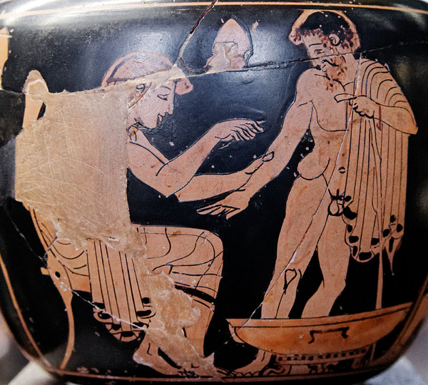 Medico che cura un paziente (ariballo attico a figure rosse, 480-470 a.C.)