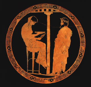 Re Egeo di Atene consulta la Pizia delfica, kylix attica a figure rosse (tondo), 440 a.C. ca.