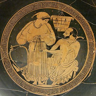 Una musicista da banchetto si allaccia l'himation (abito lungo) mentre il suo cliente osserva. Tondo da una coppa attica a figure rosse, 490 a.C. circa, British Museum.