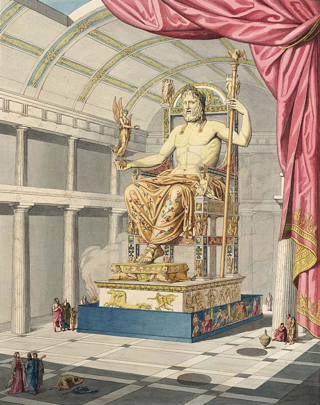 Zeus di Olimpia. Statua di Fidia in oro e avorio nel tempio principale di Olimpia, illustrazione da L'arte antica scolpita di Quatremère de Quincy (1815). La statua era alta 12 metri e decorata con dipinti e pietre preziose.