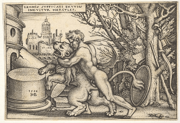 Ercole, di profilo, che uccide il leone di Nemea, da 'Le fatiche di Ercole', Sebald Beham, 1548