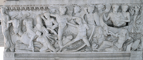 Sarcofago scolpito neoattico che rappresenta la battaglia delle navi nella guerra di Troia, Museo Archeologico di Salonicco. Secondo quarto del III sec. d.C.