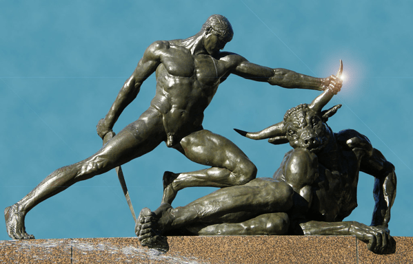 Teseo che lotta contro il Minotauro. La scultura si trova nella fontana Archibald di Hyde Park a Sydney, in Australia