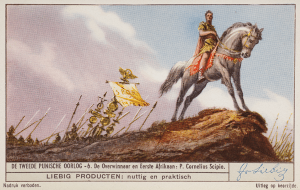 Liebig Chromos. Trade card. Series 1406, the second Punic war, no 6, the victor P Cornelius Scipio, Africanus the Elder. 1939