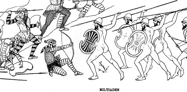 Milziade combatte i persiani nella battaglia di Maratona nella Stoa Poikile (ricostituzione)