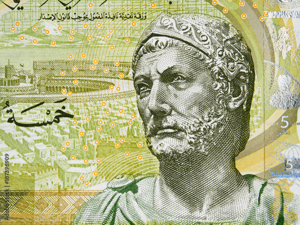 Ritratto di Annibale (247 – 181 a.C.) sulla banconota da 5 dinari tunisini (2013)