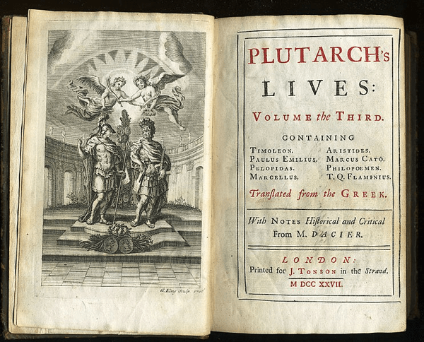 Terzo volume di un'edizione del 1727 delle Vite di Plutarco stampata da Jacob Tonson.
