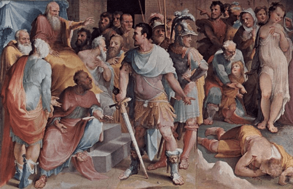 Ahala, capo della cavalleria, presenta il morto Melius a Cincinnato il dittatore