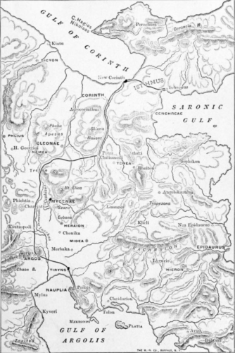 Mappa dell'Argolide durante il periodo miceneo.